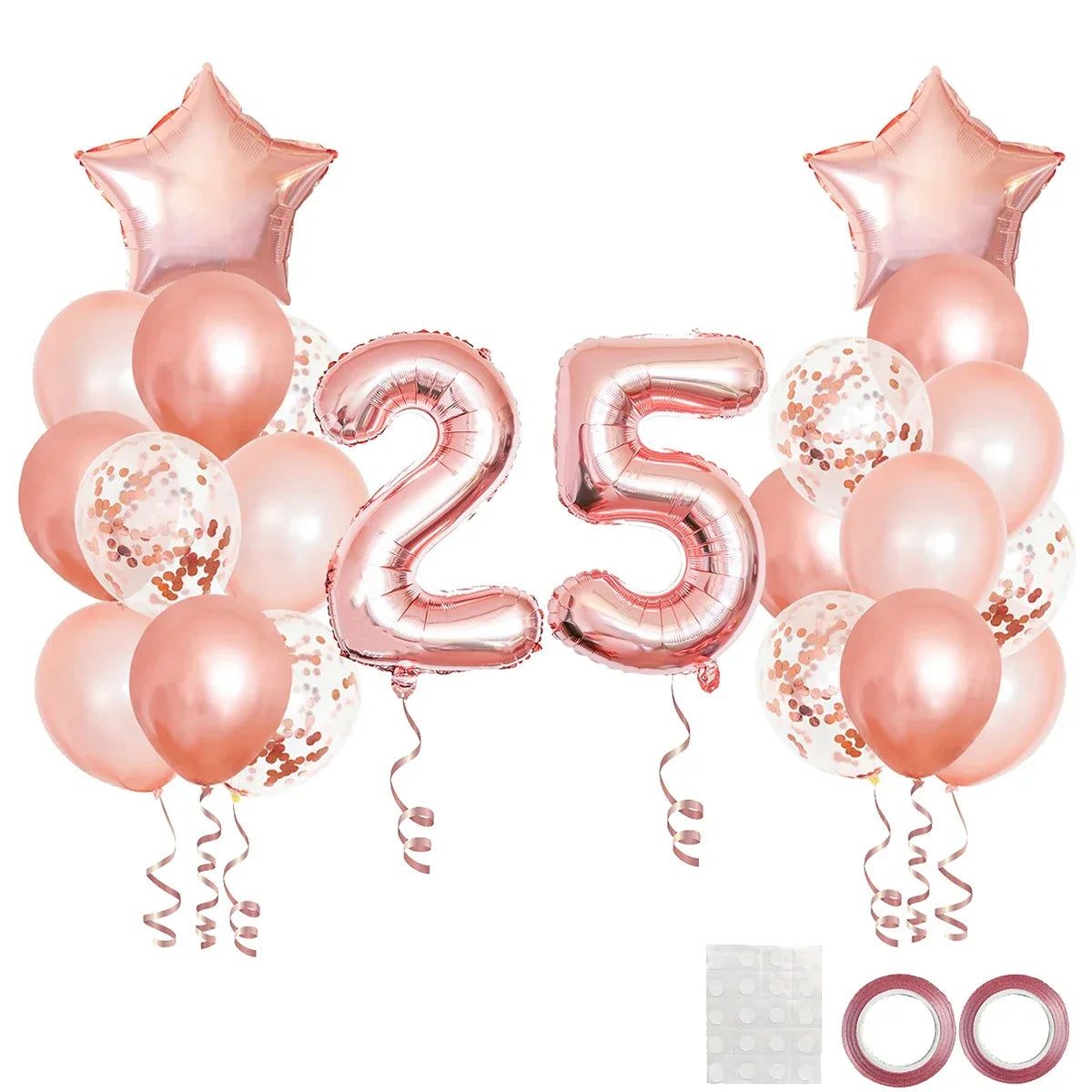A collection of rose gold foil balloons shaped like a number 25 and stars for birthday party decor.