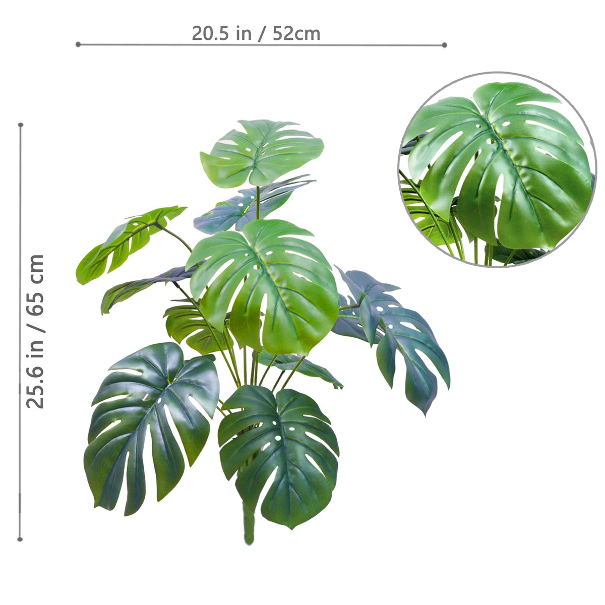 Artificial Monstera plant with silk green leaves shown in a potted form.