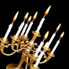 A brass candle holder with nine lit white candles, suggesting an elegant birthday cake candle set.