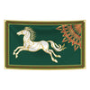A tapestry banner featuring a white horse in full gallop against a dark green background with gold and red accents.