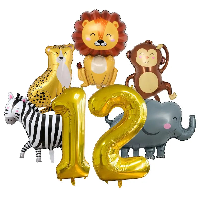 Jungle Safari birthday decor set featuring gold foil balloons shaped like a lion, elephant, and zebra