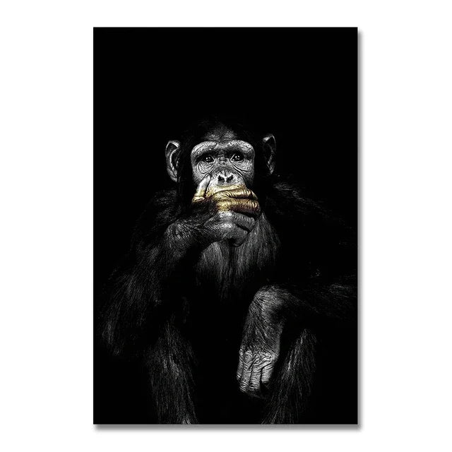 A dark portrait of a monkey with intense eyes and textured fur against a black background.