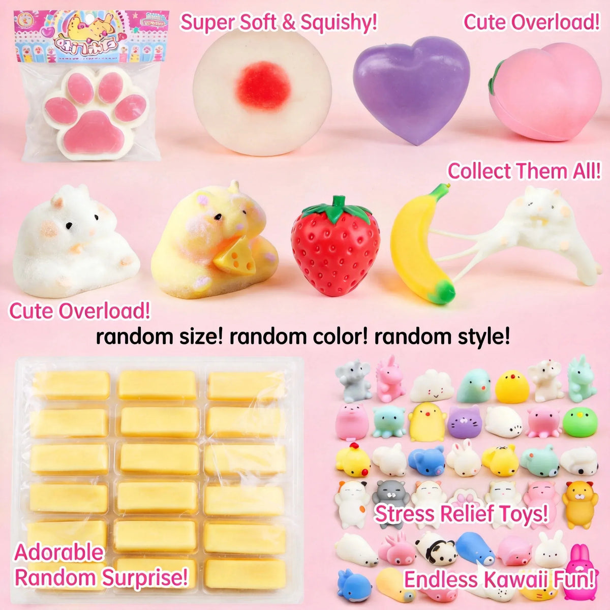 A collection of cute squishy toys including a cat paw, heart, and various soft molds.