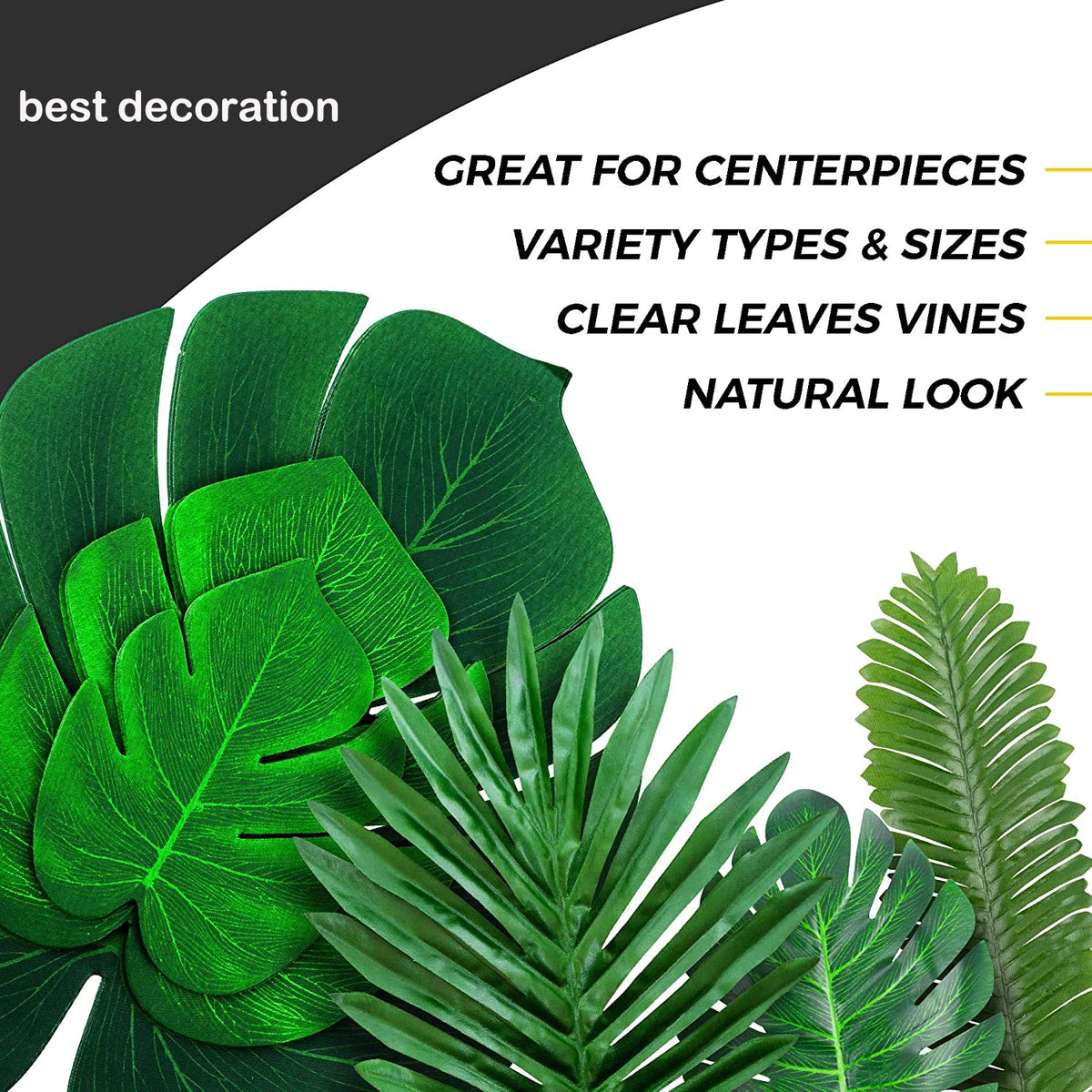Artificial tropical palm leaves in various sizes and types used for centerpieces and natural look decoration