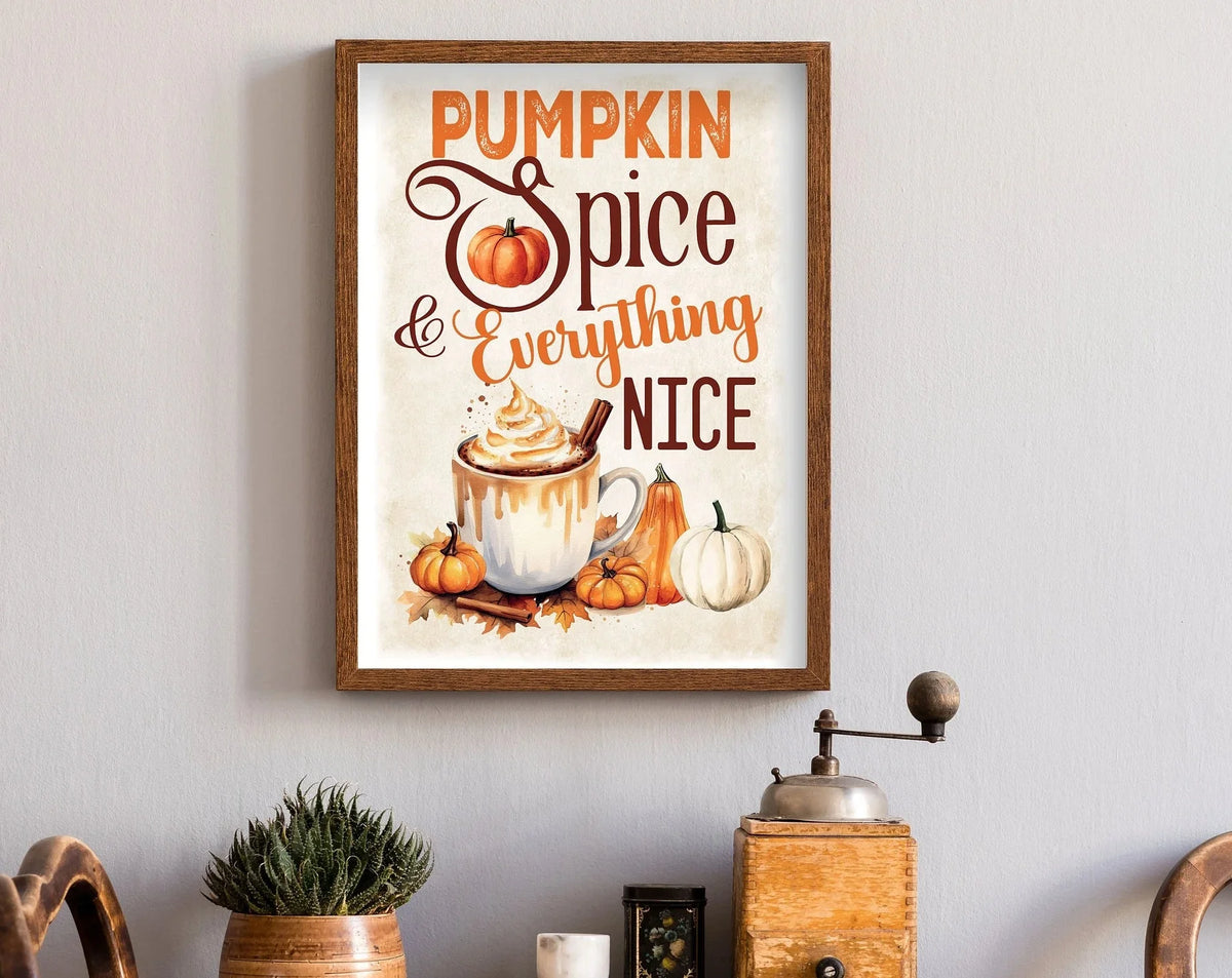 Canvas wall art poster featuring text Pumpkin Spice & Everything Nice with illustrations of pumpkins and spices.