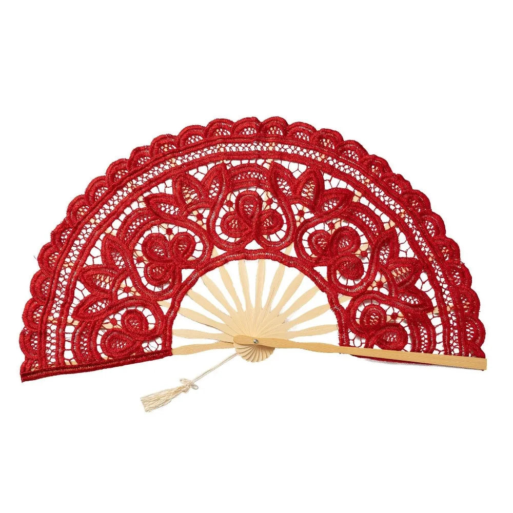 Red vintage lace hand fan with a woven fan and tassel pendant