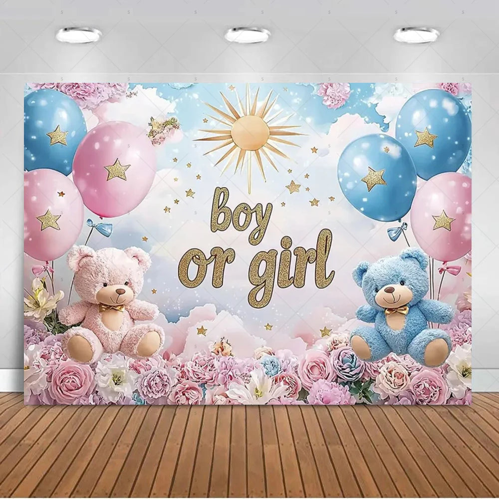 A colorful gender reveal backdrop featuring balloons, stars, and pink and blue clouds with the text boy or girl.