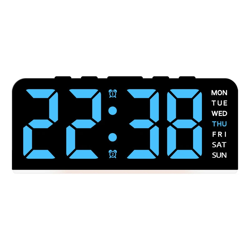 A black digital alarm clock displaying the time 22:38 with a mood light feature.