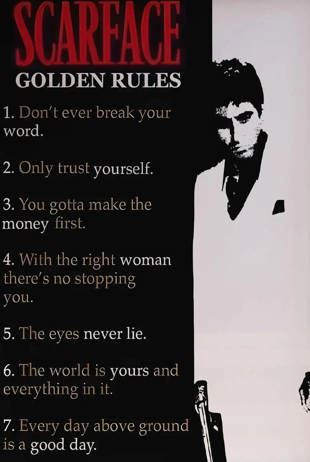 Black and white wall art featuring seven golden rules from Scarface titled Golden Rules