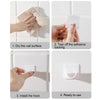 Step-by-step guide showing how to install and use adjustable self-adhesive curtain rod brackets on a wall.