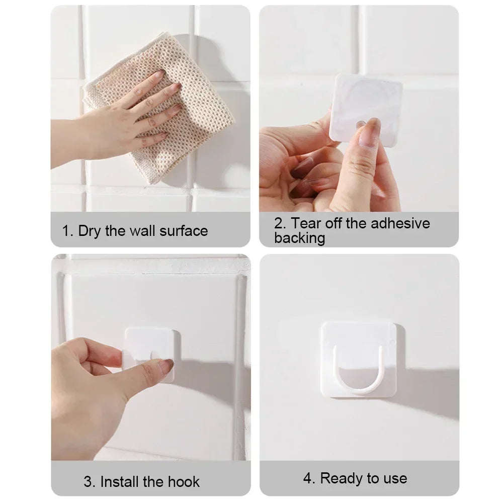 Step-by-step guide showing how to install and use adjustable self-adhesive curtain rod brackets on a wall.