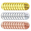 A set of mirror acrylic happy birthday cake toppers in gold, silver, and rose gold colors.