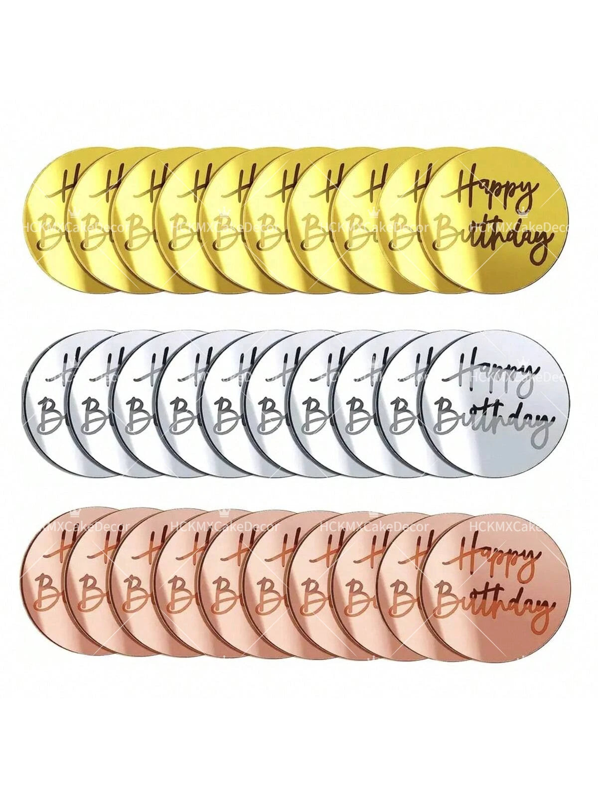 A set of mirror acrylic happy birthday cake toppers in gold, silver, and rose gold colors.