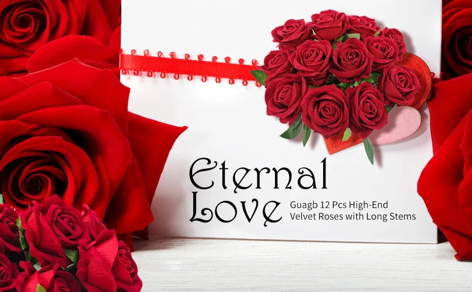 A close-up of a bouquet of deep red velvet roses with long stems displayed on a white card.