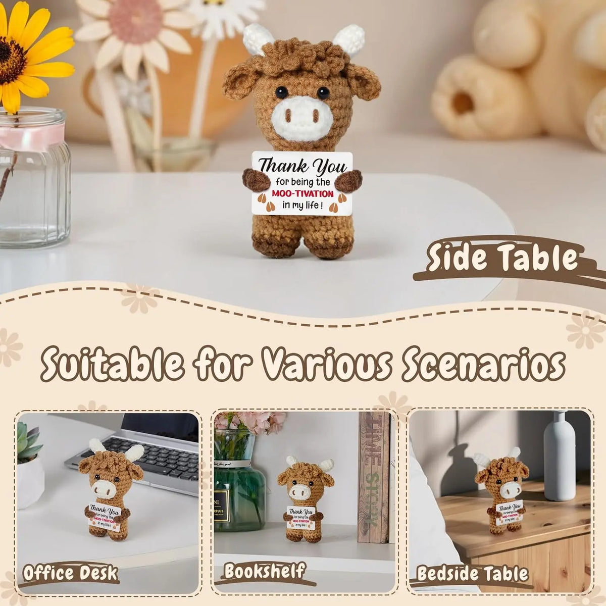 Handcrafted crochet animal doll with a positive message card sitting on a white table.