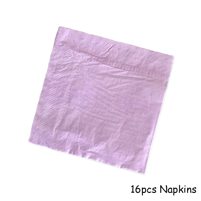 A stack of 16 purple napkins for parties and celebrations.