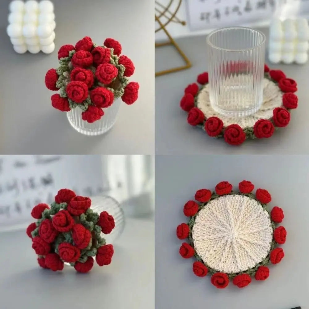 A bouquet of hand-crocheted red and green rose coasters displayed in clear glass bowls.