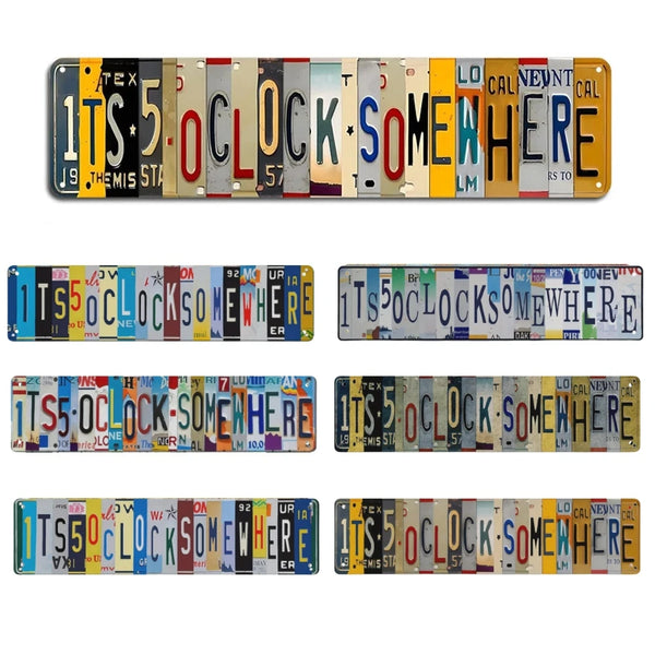 A set of rustic metal signs featuring the phrase Five O'Clock Somewhere for bar and wall decor