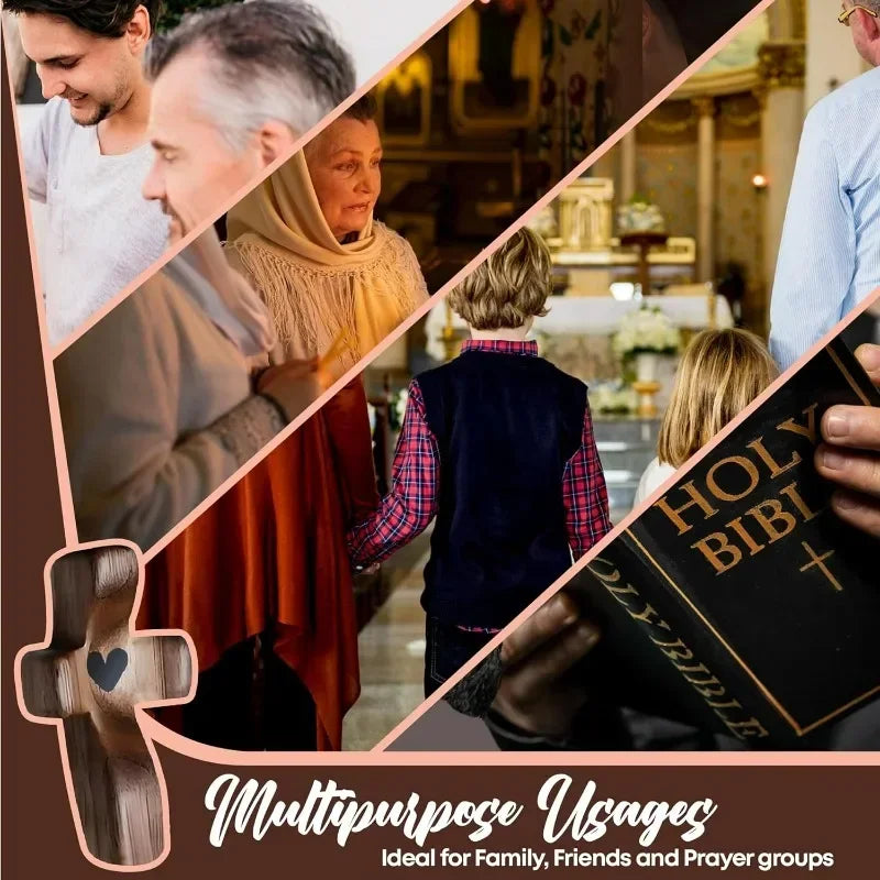 A wooden pocket cross is shown alongside people in a church setting, illustrating multipurpose usages for prayer groups.