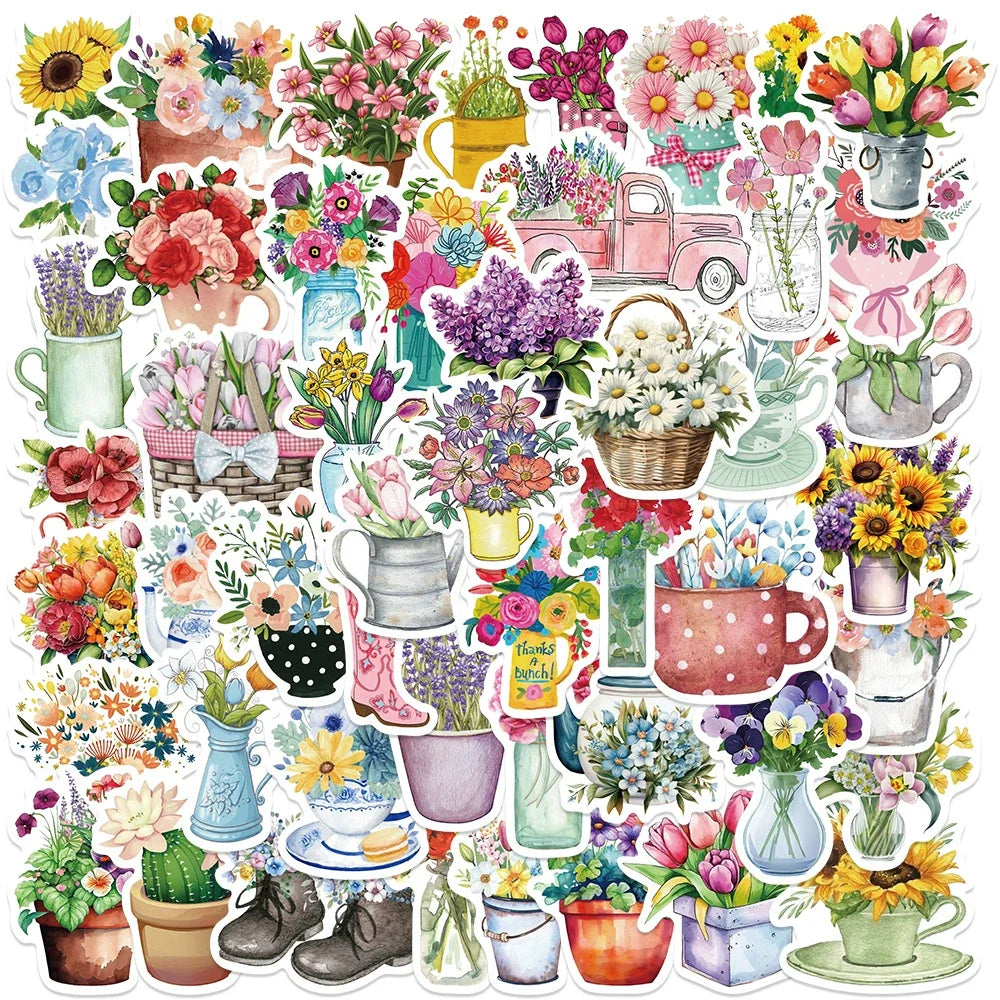 A collection of colorful floral and botanical stickers featuring various flowers, plants, and decorative elements.