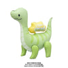 A light green inflatable dinosaur balloon decoration with yellow lettering that reads Happy Birthday