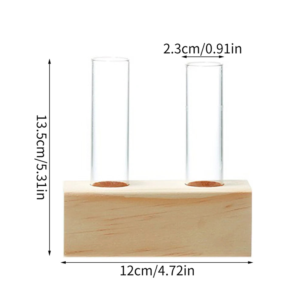 A glass test tube propagation station featuring two clear glass tubes mounted on a wooden stand.