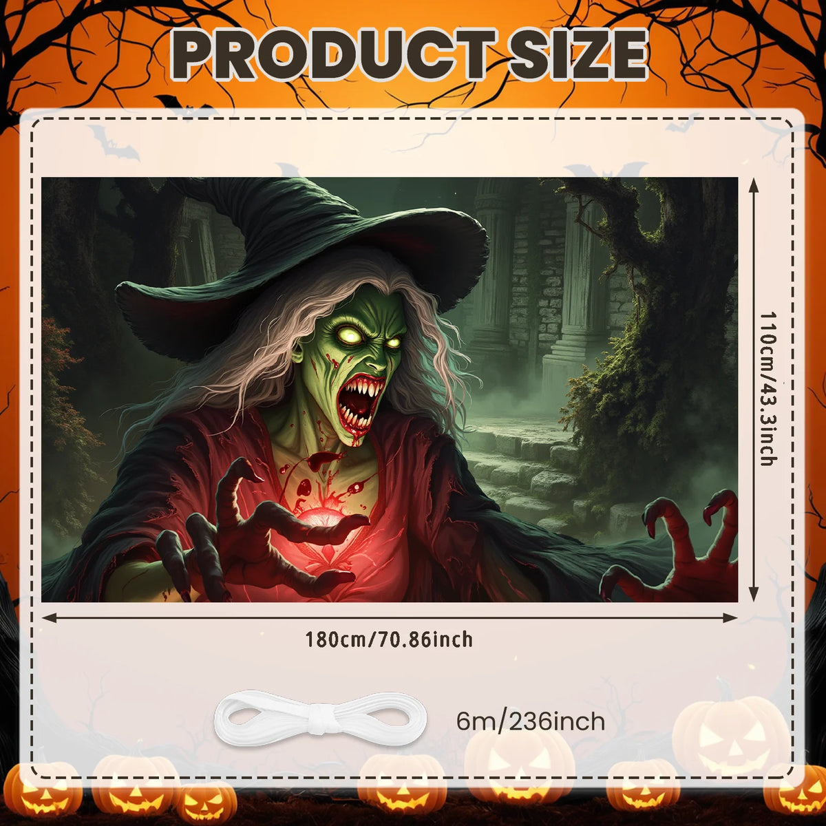 A spooky Halloween door cover featuring a green monster with large fangs in a moonlit graveyard scene.