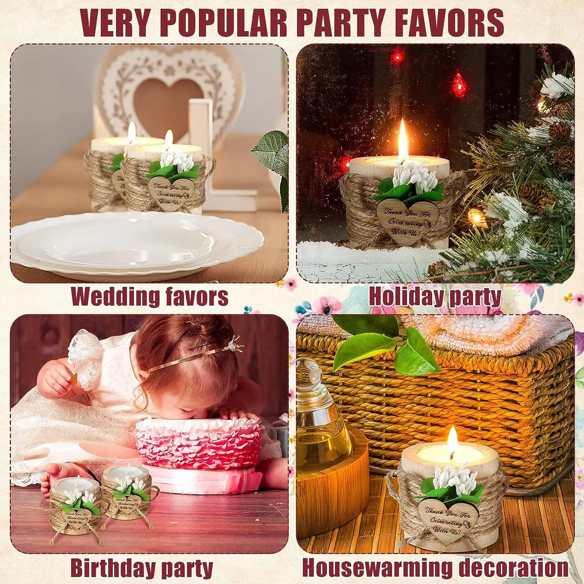 Wooden Tealight Candle Holders with Heart-Shaped Tags — Wedding & Baby Shower Favors