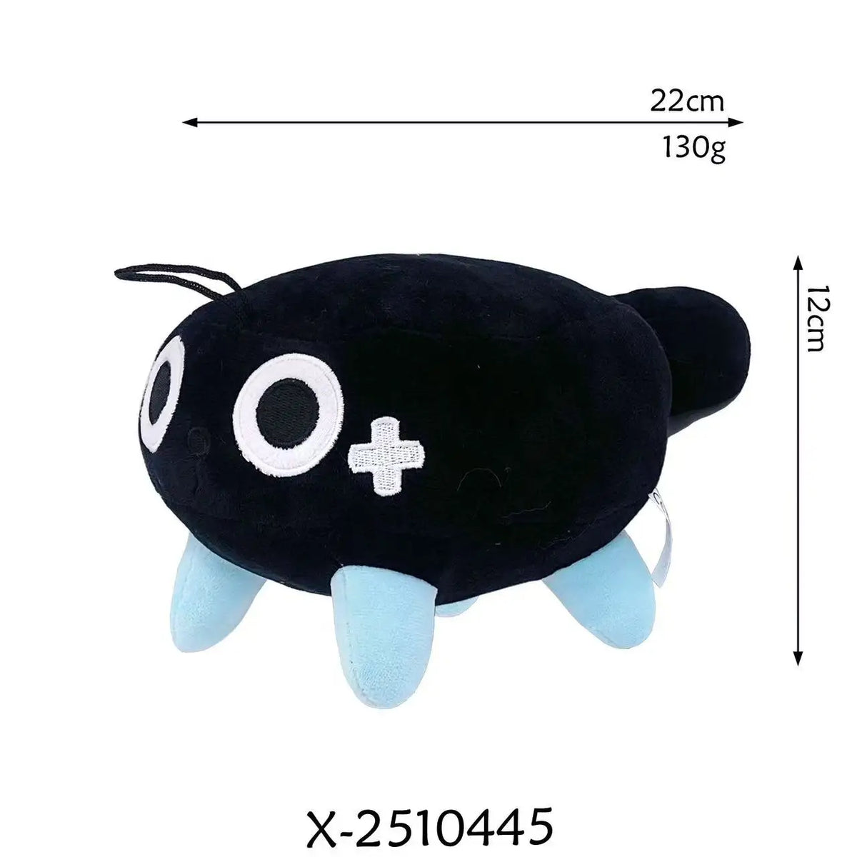 A black plush toy shaped like a plus sign and circle, with light blue feet, measuring 22cm long.