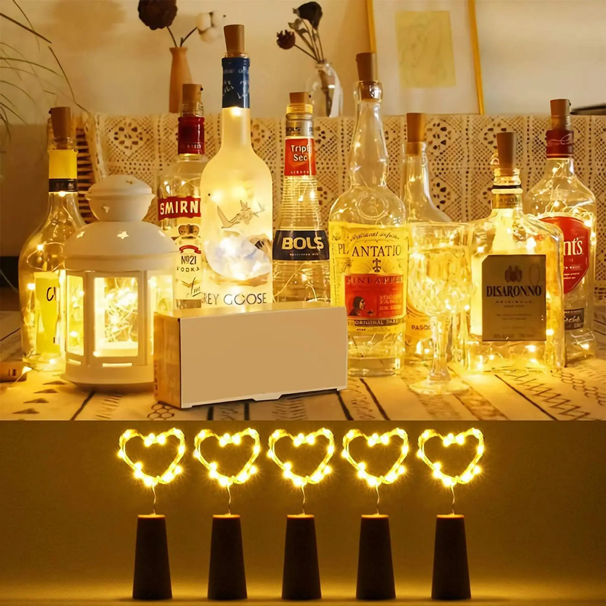 A set of ten LED wine bottle cork lights illuminating various liquor bottles on a wooden surface.