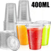 A stack of clear 400ml disposable plastic cups filled with various colored drinks like orange, red, and lime green.
