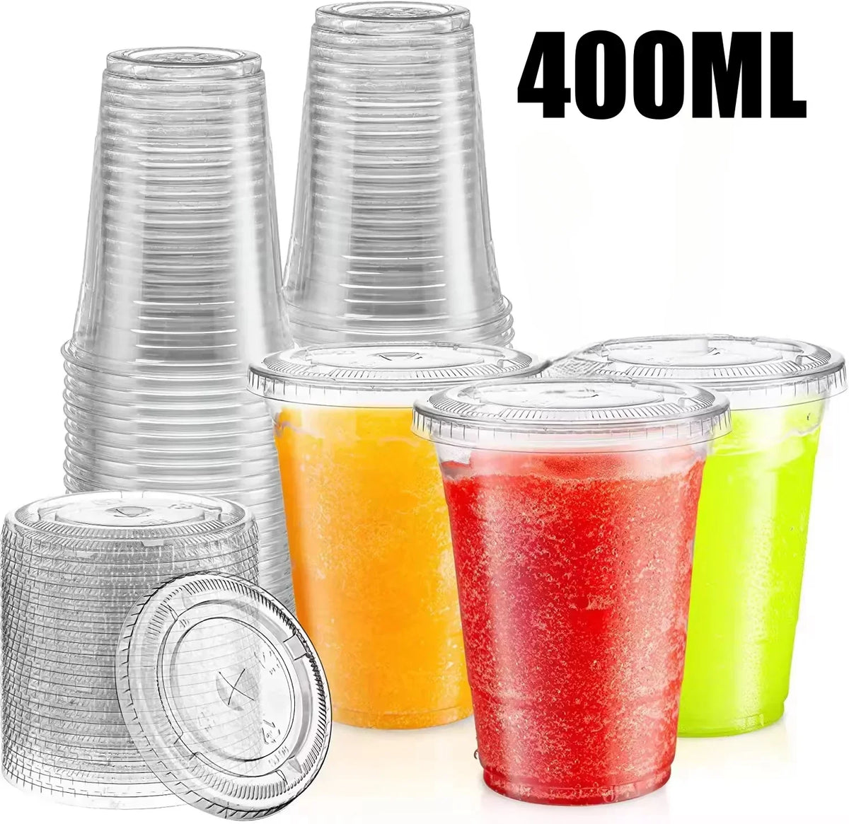A stack of clear 400ml disposable plastic cups filled with various colored drinks like orange, red, and lime green.