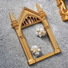 Vintage gold DIY shadow box frame with intricate Gothic arch design and pearl embellishments
