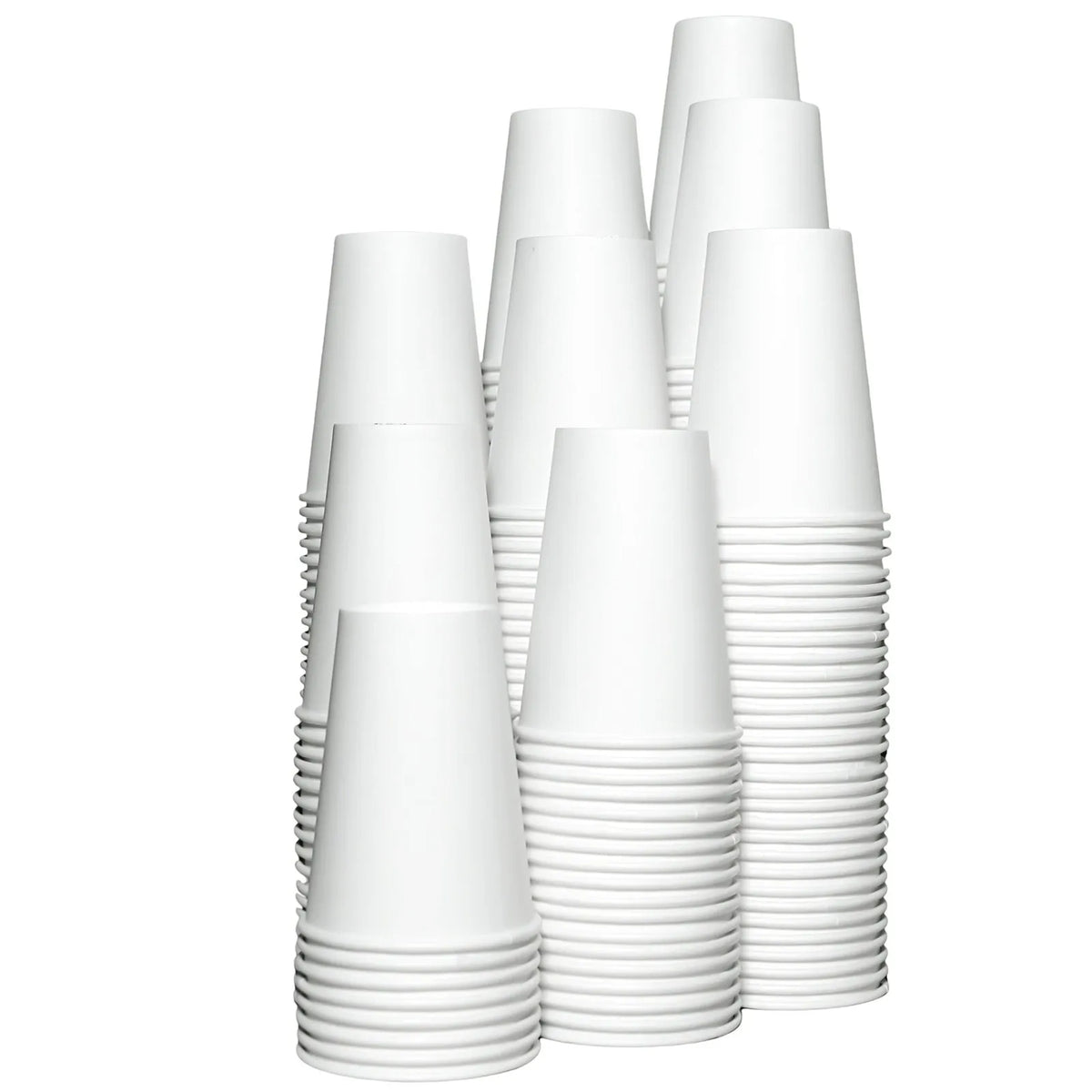 A stack of white reusable disposable paper cups.
