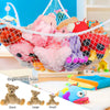 A mesh storage organizer hammock filled with various sized stuffed animals including giant, large, and small toys.