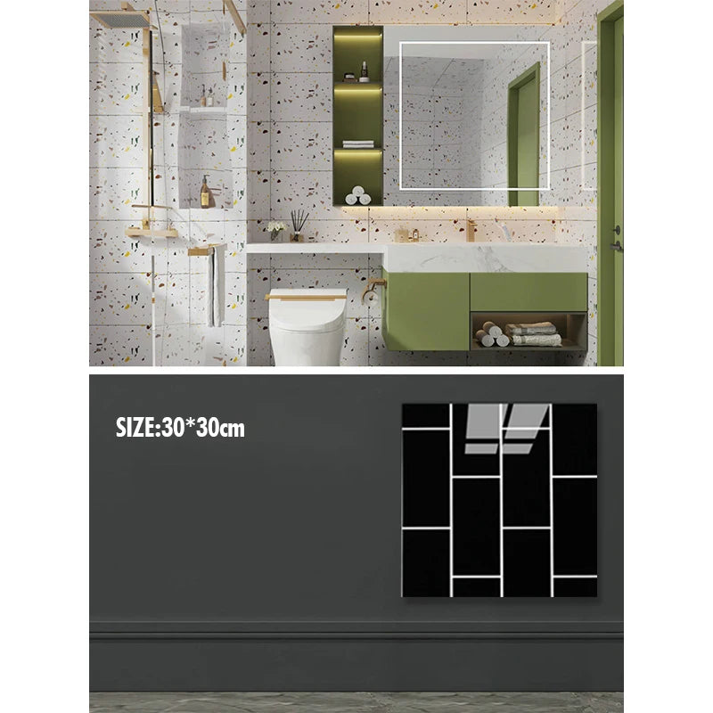 A modern bathroom interior featuring marble wall decals, a mirror, and green cabinetry.