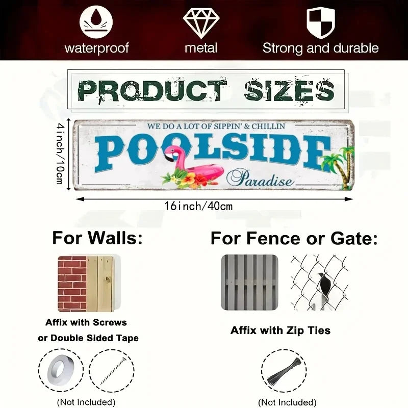 A set of product sizes and installation instructions for a poolside sign, including options for walls or fences.