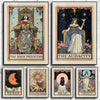 A collection of five framed mystical tarot posters featuring themes like The High Priestess, The Audacity, The Moon, The Drea