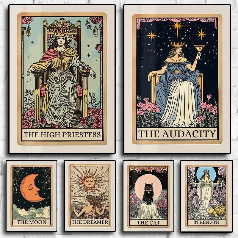 A collection of five framed mystical tarot posters featuring themes like The High Priestess, The Audacity, The Moon, The Drea