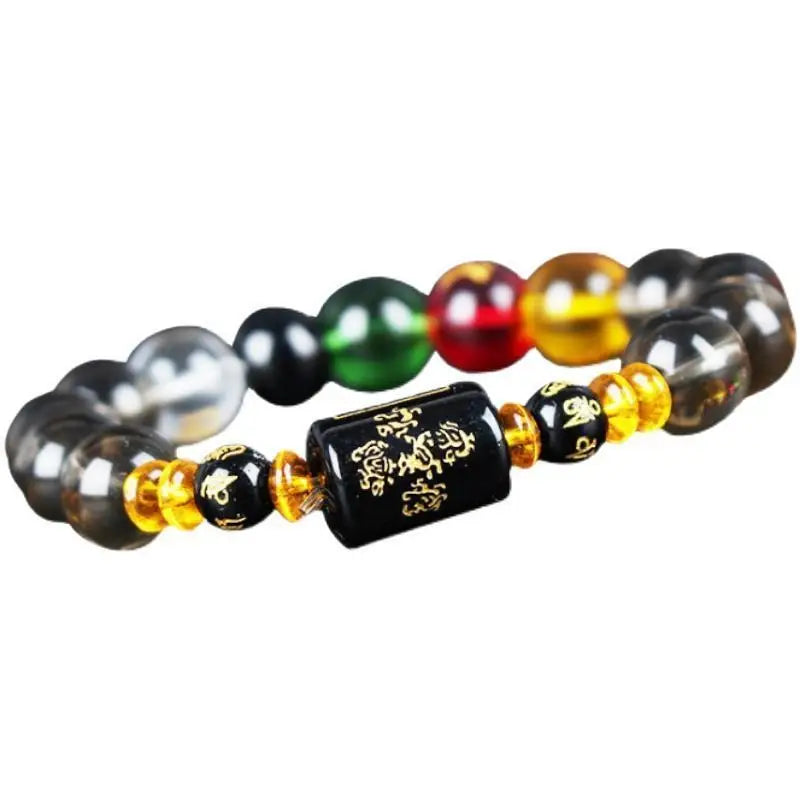 A bracelet made of polished stones in various colors including green, red, yellow, and black.