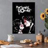 A black and white canvas wall art print featuring a stylized image of two figures with red accents.