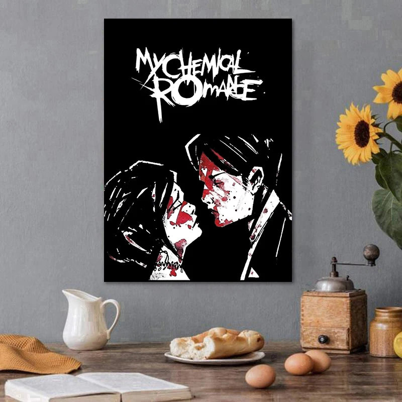 A black and white canvas wall art print featuring a stylized image of two figures with red accents.