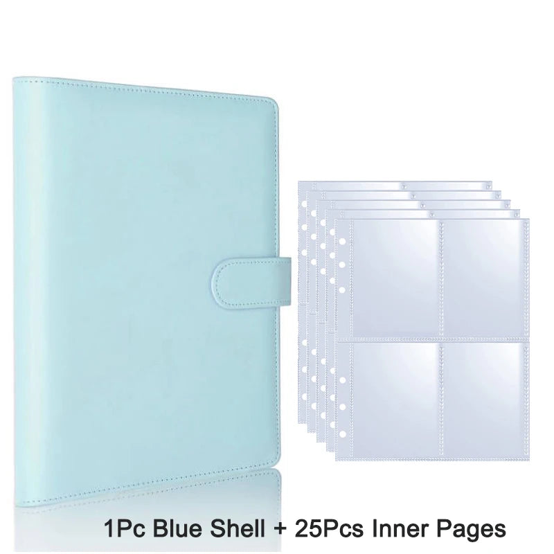 A light blue reusable A5 Kpop photocard album binder with a protective shell and twenty-five inner pages.