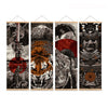 A set of four vertical canvas prints depicting Japanese samurai themes, including tigers and warriors, with wooden hanging sc