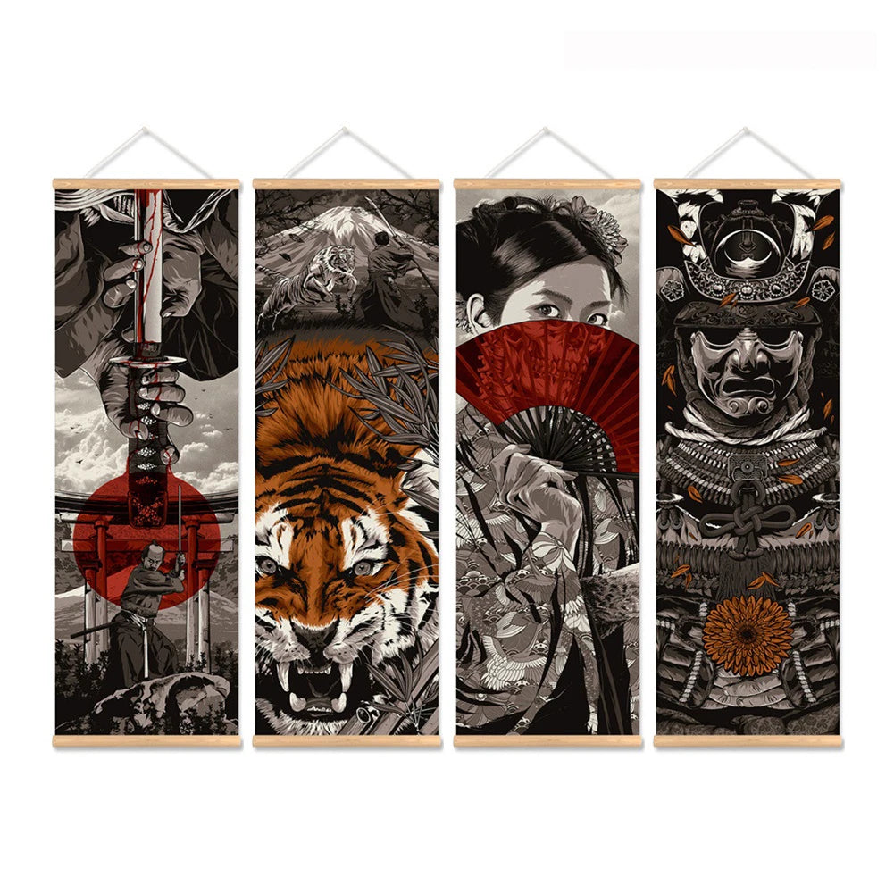 A set of four vertical canvas prints depicting Japanese samurai themes, including tigers and warriors, with wooden hanging sc