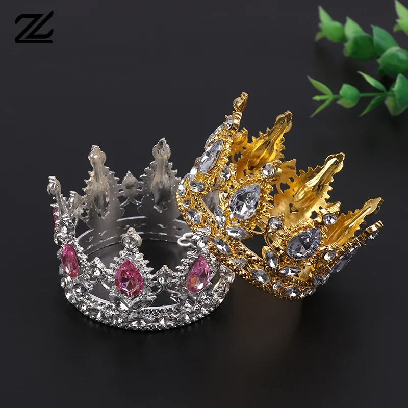 A set of sparkling gold and silver tiara crowns used as cake toppers or hair accessories.