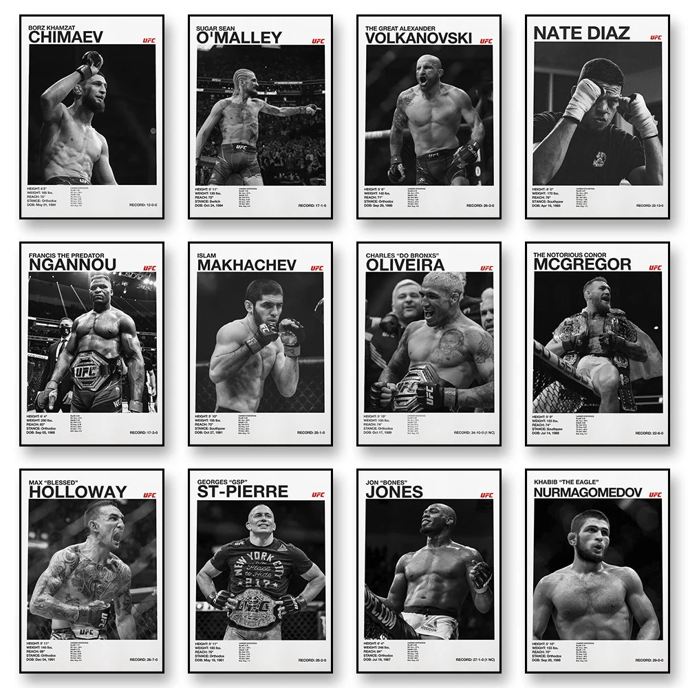 Kollektion von Boxern-Canvas-Wandkunstdrucken mit verschiedenen Kämpfern wie Chimaev, Malley, Volkanovski und Diaz
