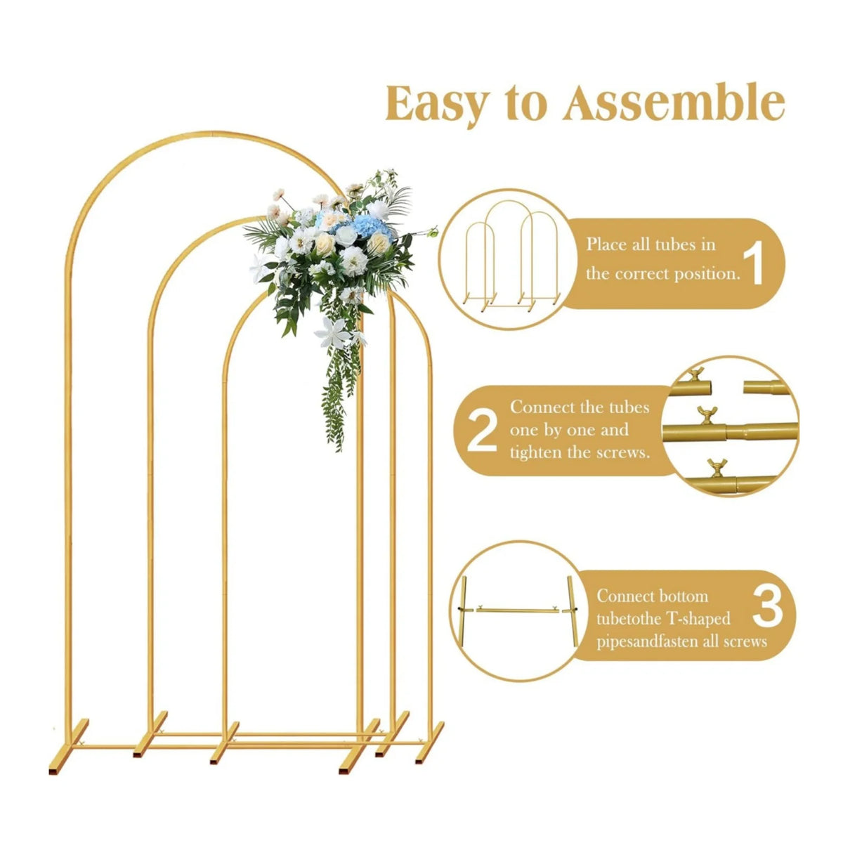 Instructions for assembling a gold metal arched wedding backdrop stand set.