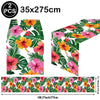 A set of tropical floral print fabric for Hawaiian luau party sunglasses and table mats, featuring pink, orange, and green le