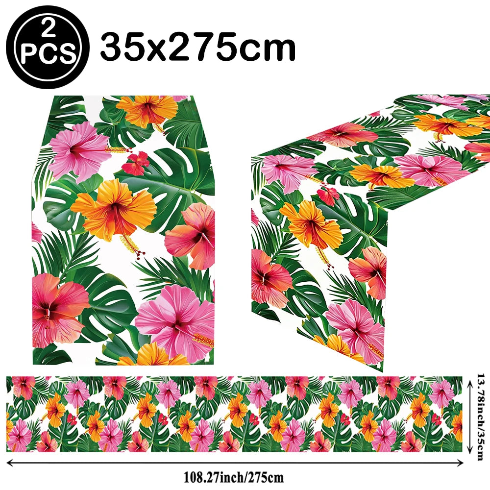 A set of tropical floral print fabric for Hawaiian luau party sunglasses and table mats, featuring pink, orange, and green le
